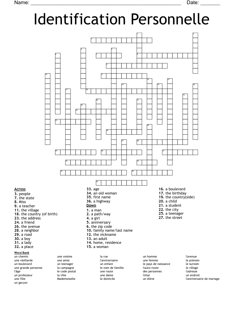Identification Personnelle Crossword