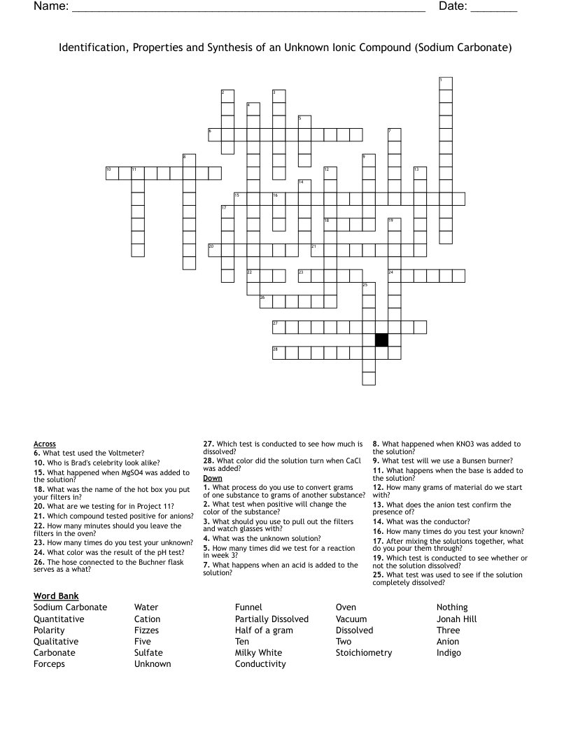Identification, Properties and Synthesis of an Unknown Ionic Compound (Sodium Carbonate) Crossword