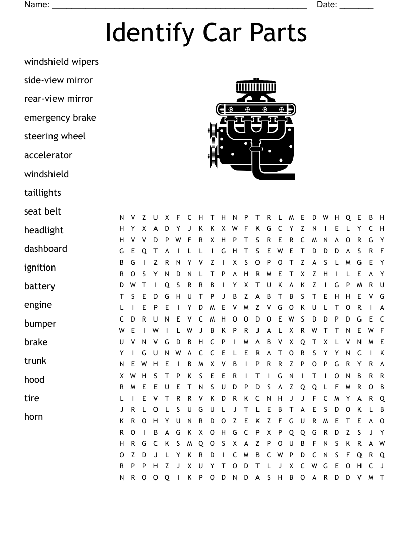 Identify Car Parts Word Search