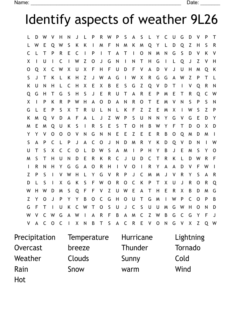 Identify aspects of weather 9L26 Word Search