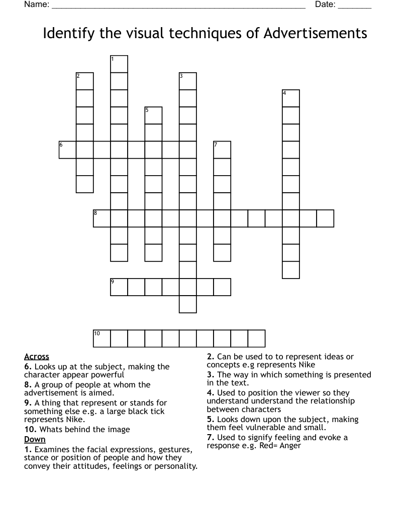 Identify the visual techniques of Advertisements Crossword