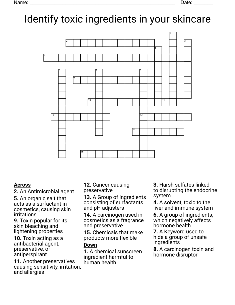 Identify toxic ingredients in your skincare Crossword