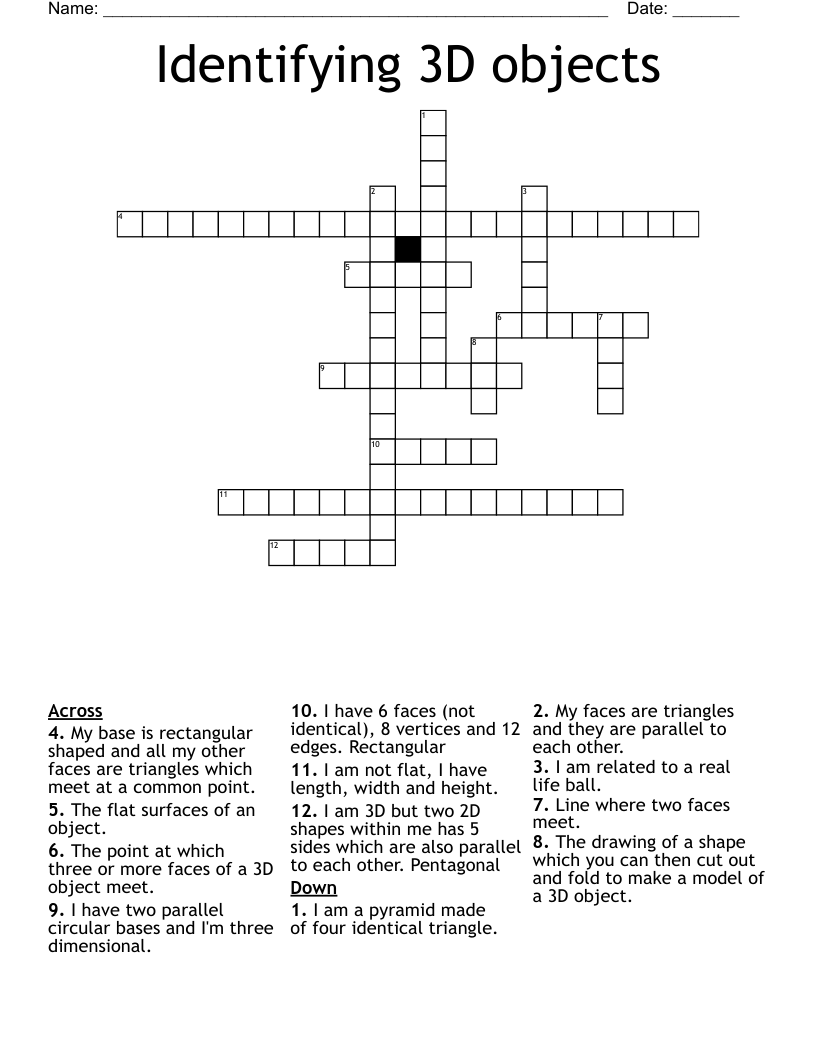 Identifying 3D objects Crossword
