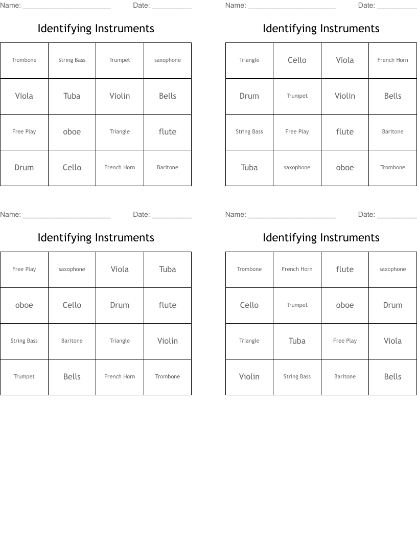 Identifying Instruments  Bingo Cards