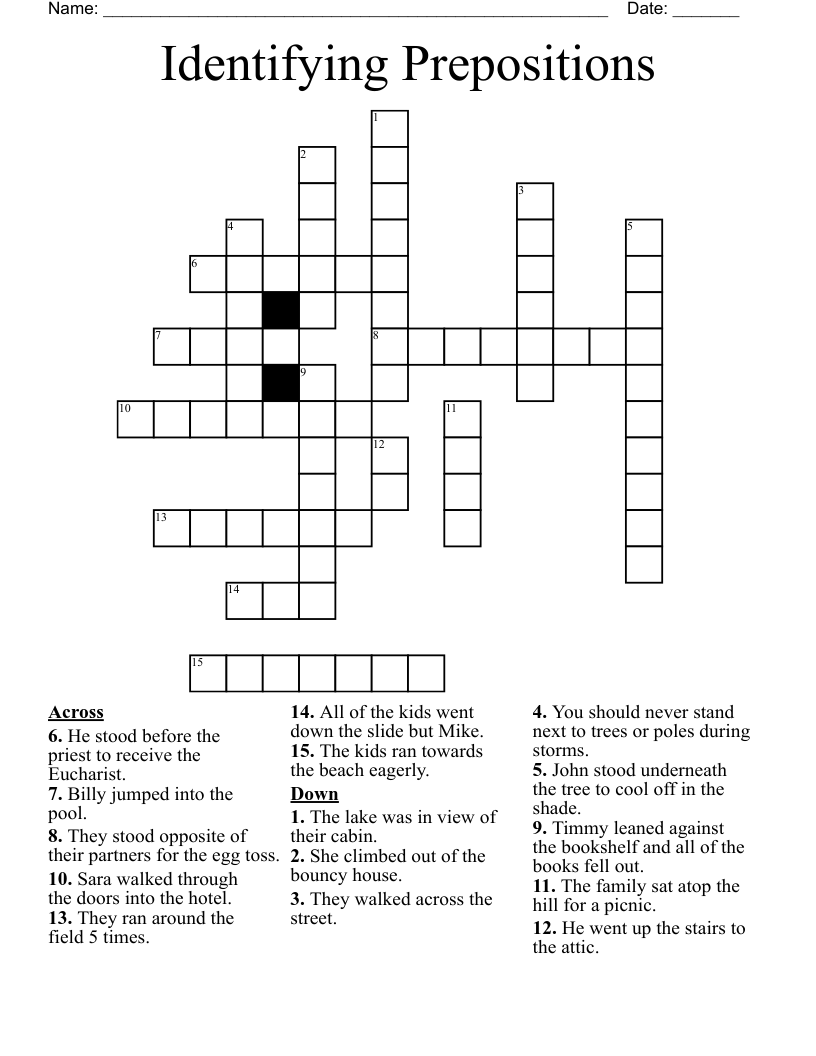 Identifying Prepositions Crossword
