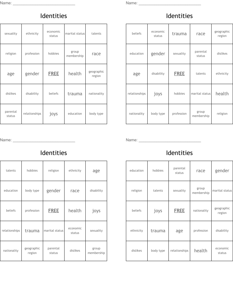 Identities Bingo Cards