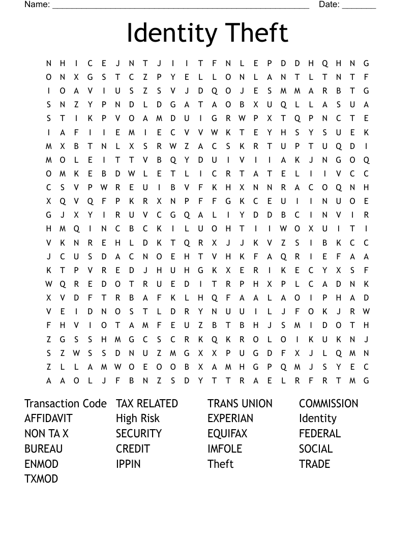 Identity Theft Word Search