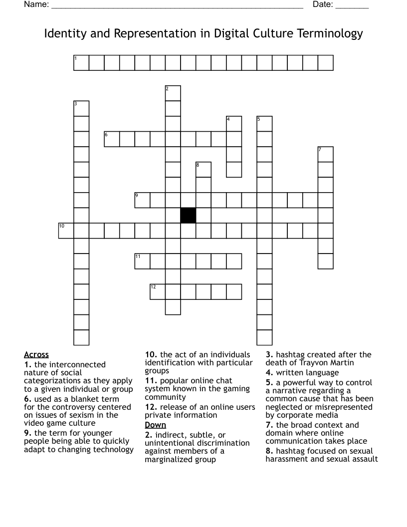 Identity and Representation in Digital Culture Terminology  Crossword