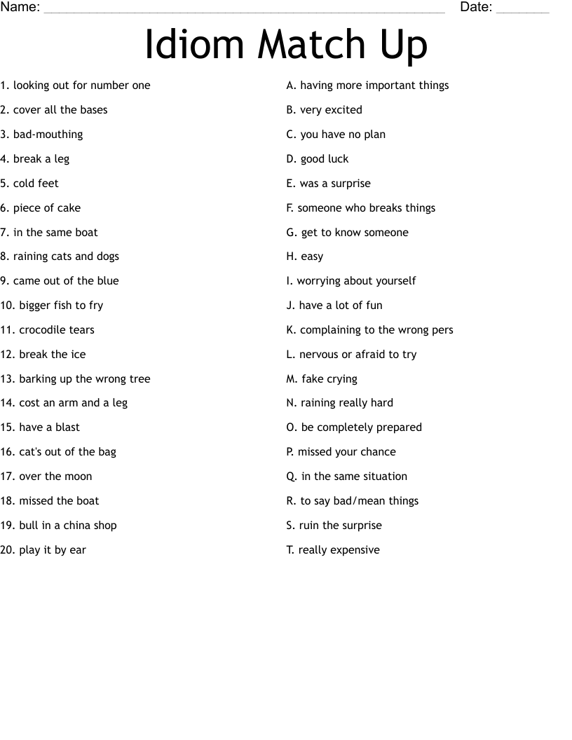 Idiom Match Up Worksheet