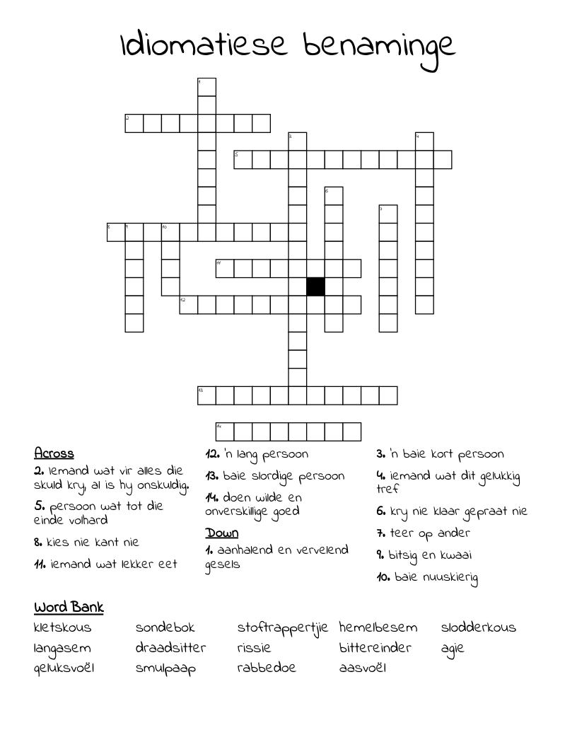 Idiomatiese benaminge Crossword