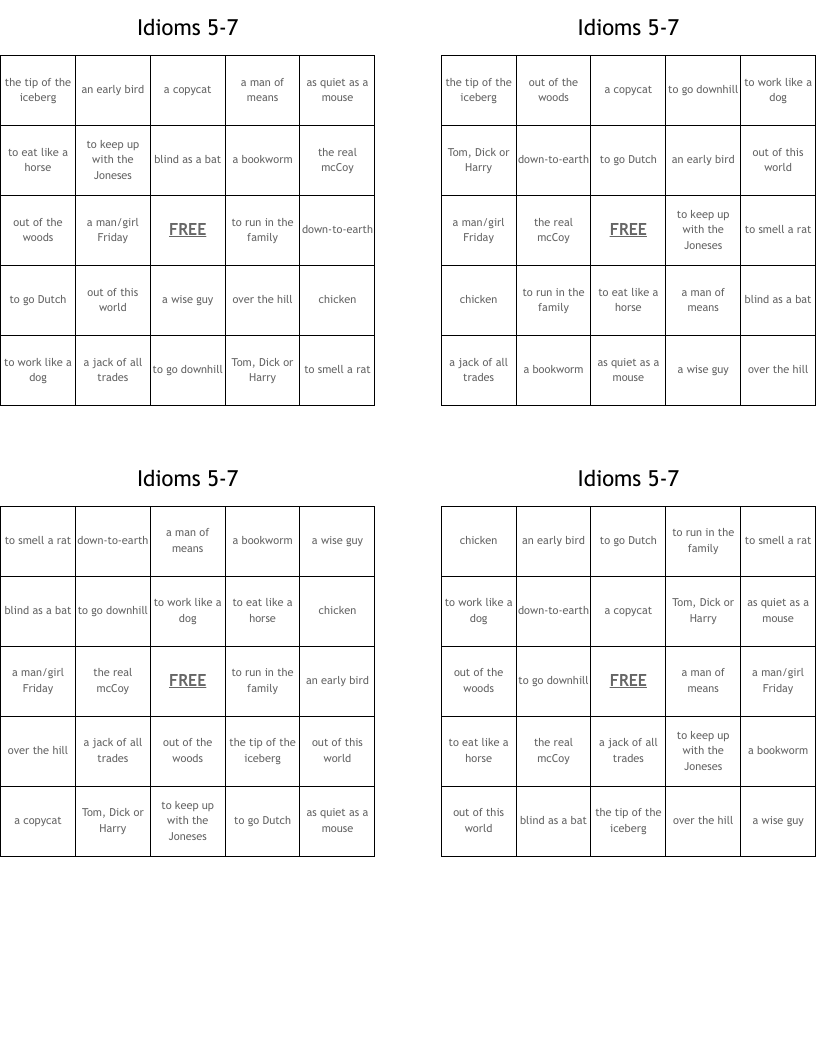 Idioms 5-7 Bingo Cards