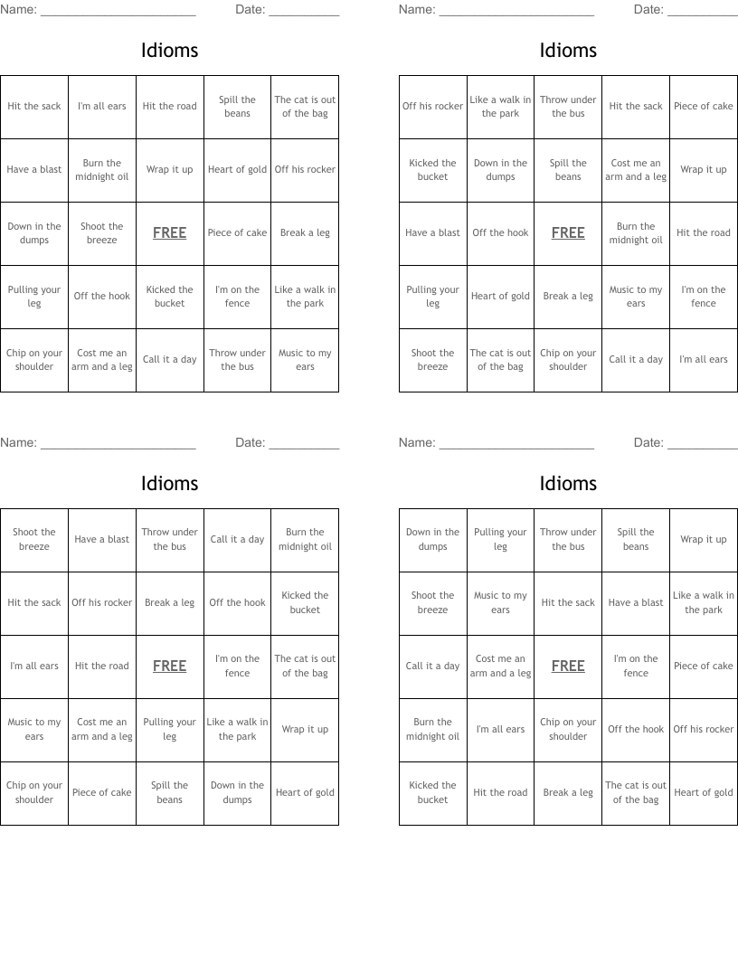 Idioms Bingo Cards