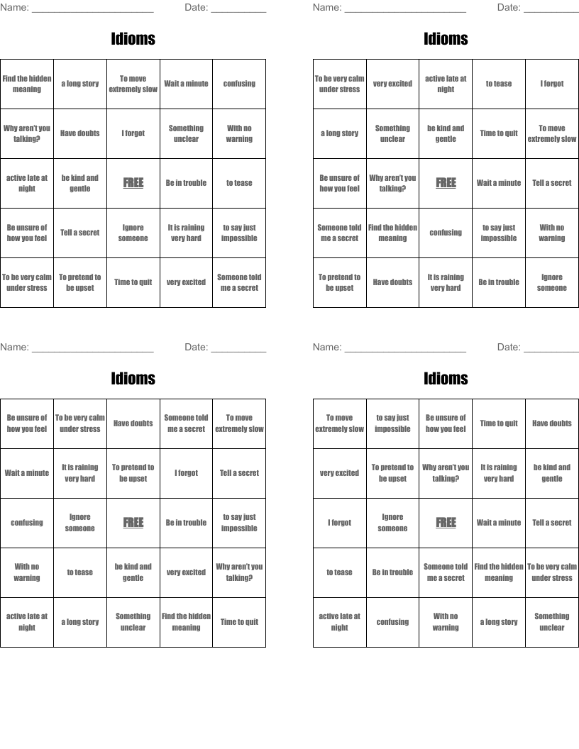 Idioms Bingo Cards