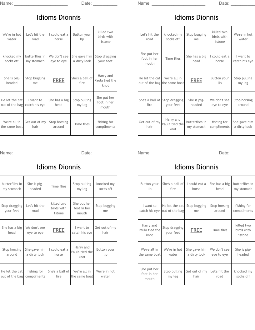Idioms Dionnis Bingo Cards