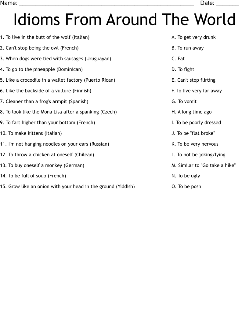Idioms From Around The World Worksheet