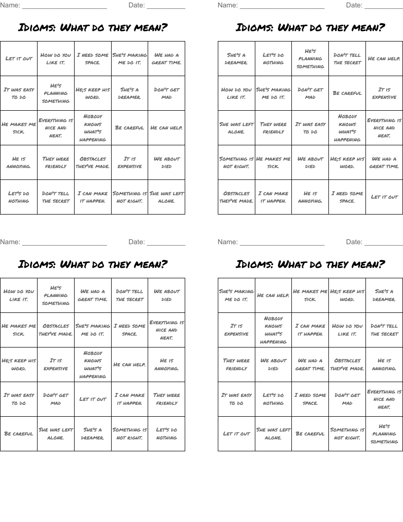 Idioms: What do they mean?  Bingo Cards