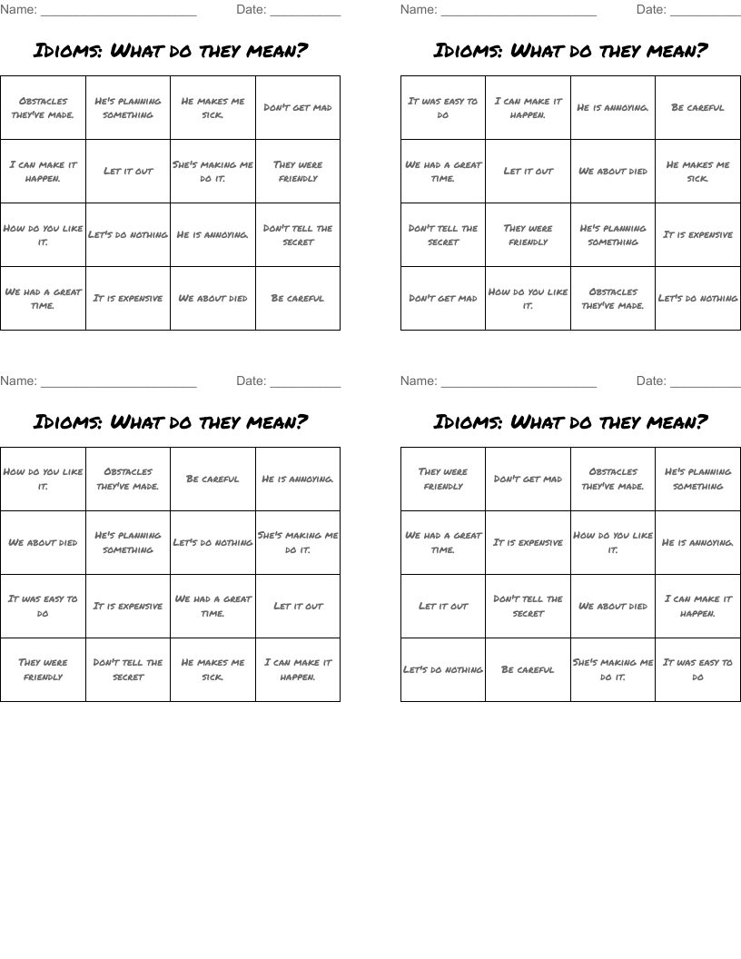 Idioms: What do they mean?  Bingo Cards