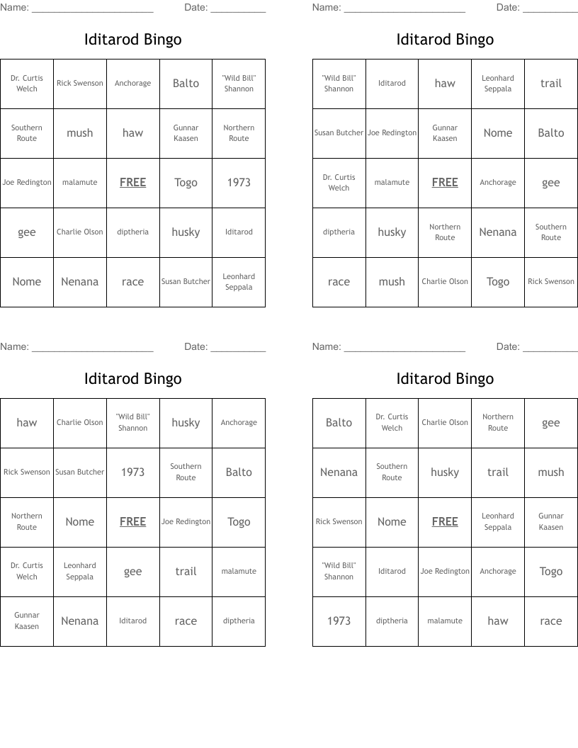 Iditarod Bingo