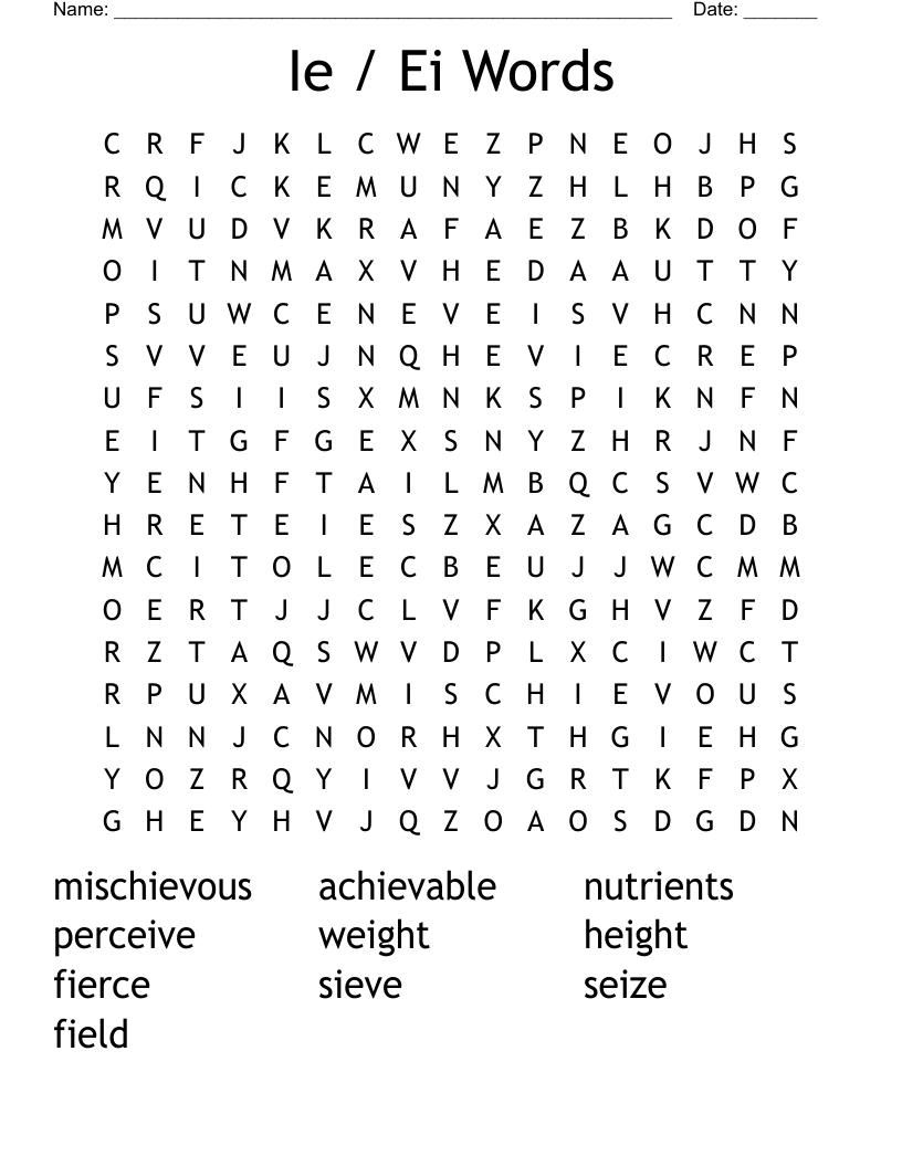 Ie / Ei Words Word Search