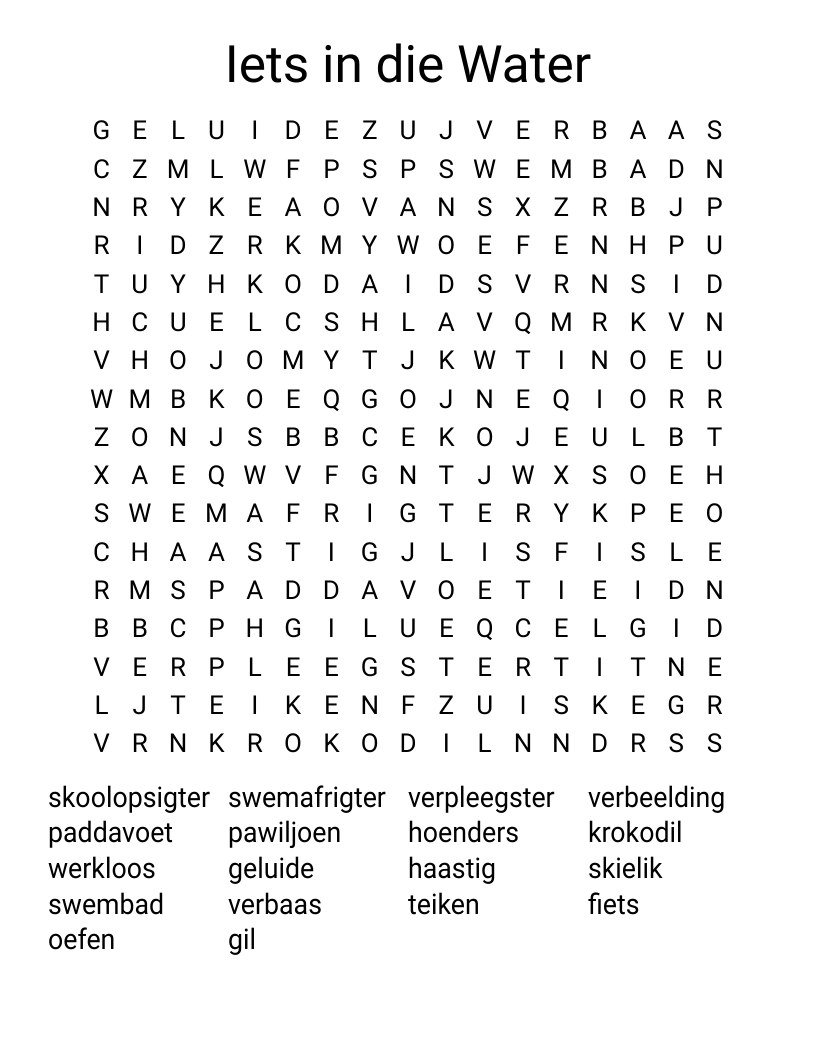 Iets in die Water Word Search