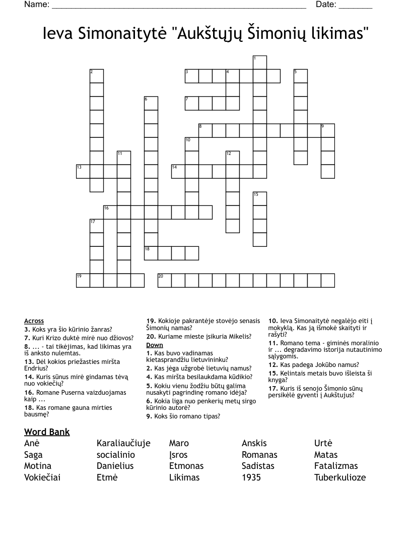 Ieva Simonaitytė "Aukštųjų Šimonių likimas" Crossword