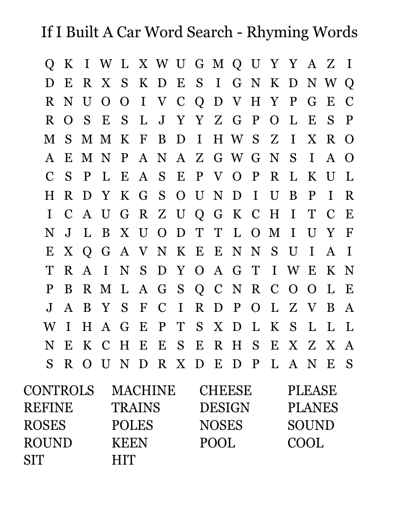 If I Built A Car Word Search - Rhyming Words