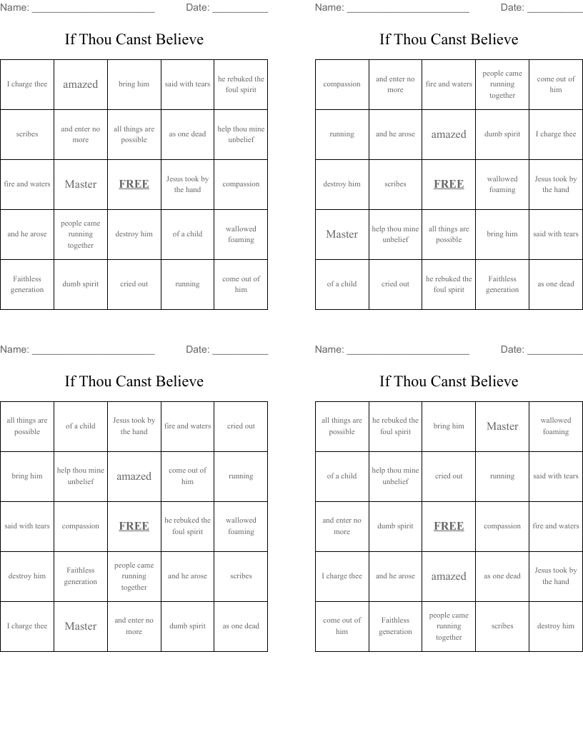 If Thou Canst Believe Bingo Cards