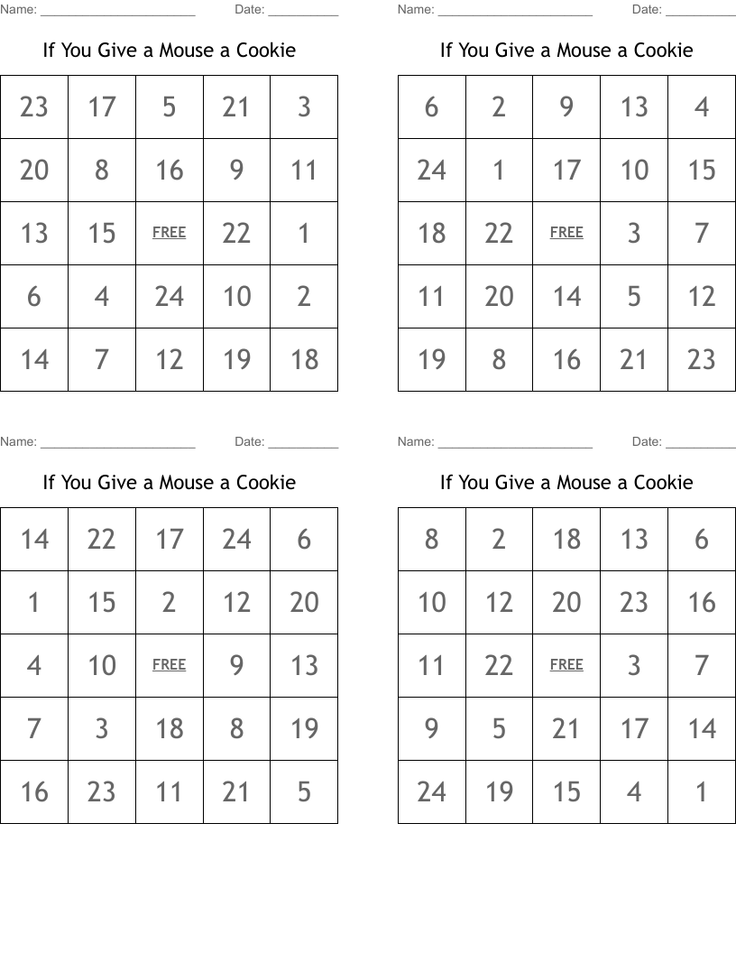 If You Give a Mouse a Cookie Bingo Cards
