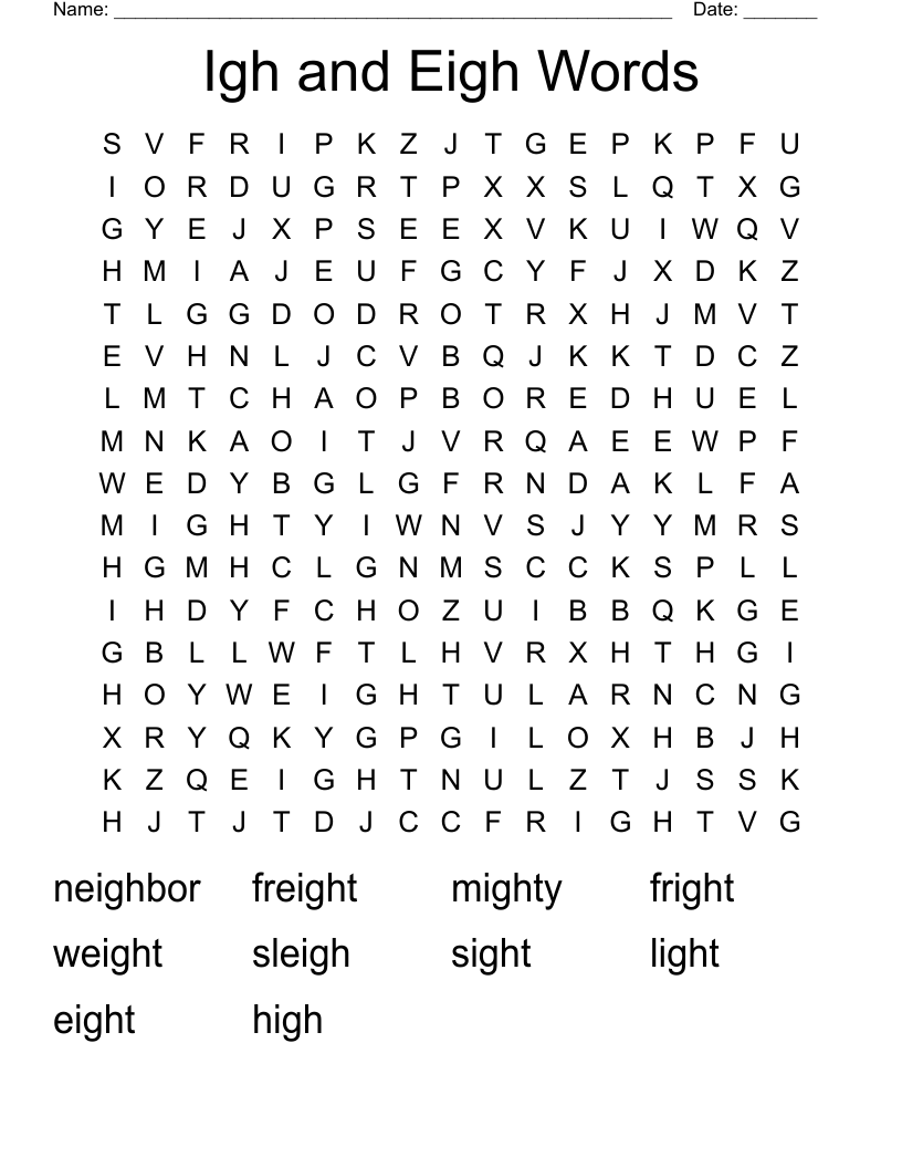Igh and Eigh Words Word Search