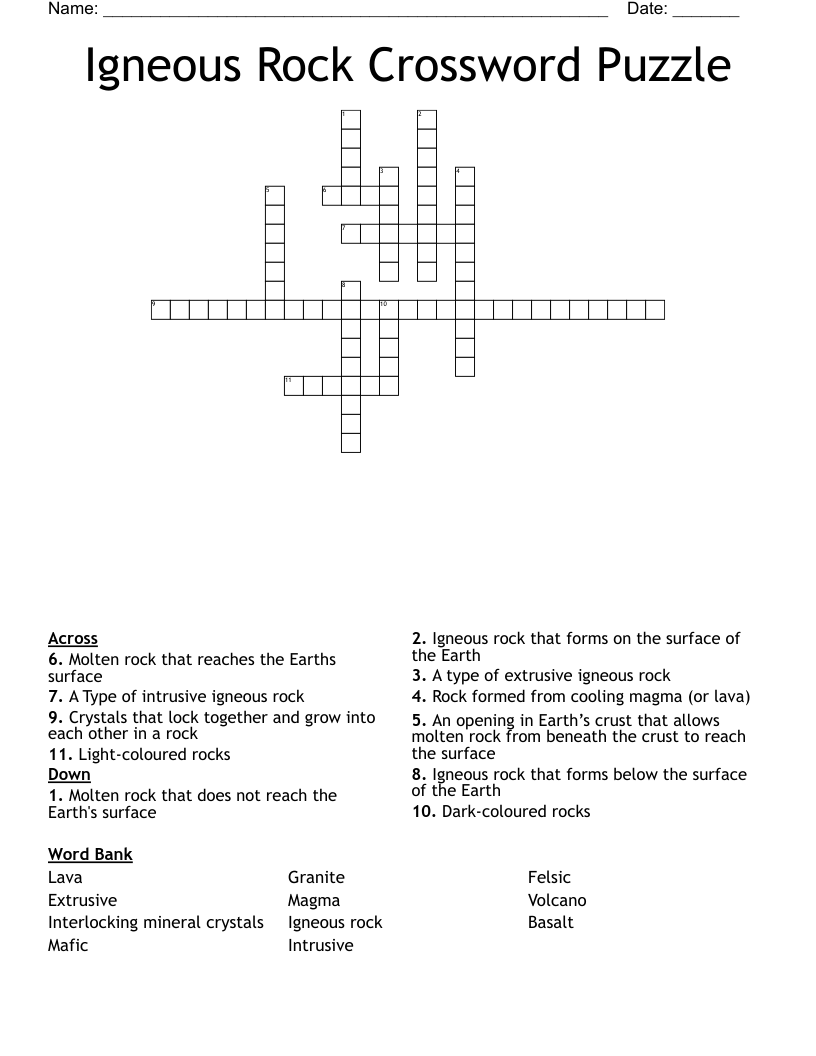 Igneous Rock Crossword Puzzle