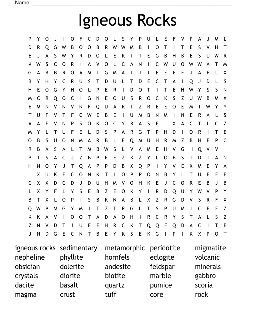 Igneous Rocks Word Search
