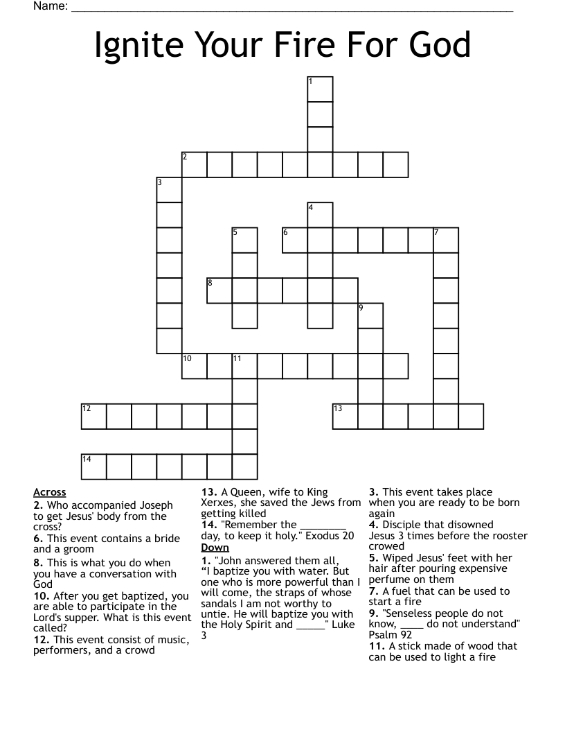 Ignite Your Fire For God Crossword