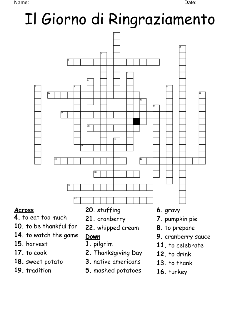 Il Giorno di Ringraziamento Crossword