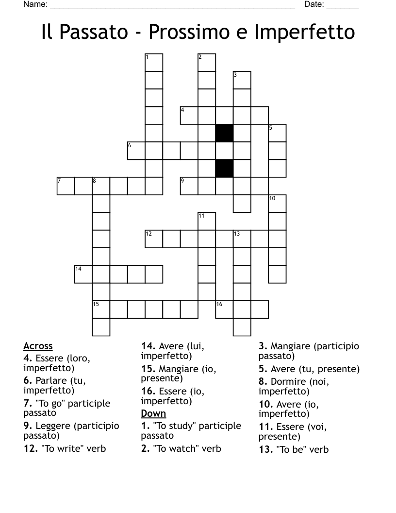 Il Passato - Prossimo e Imperfetto Crossword