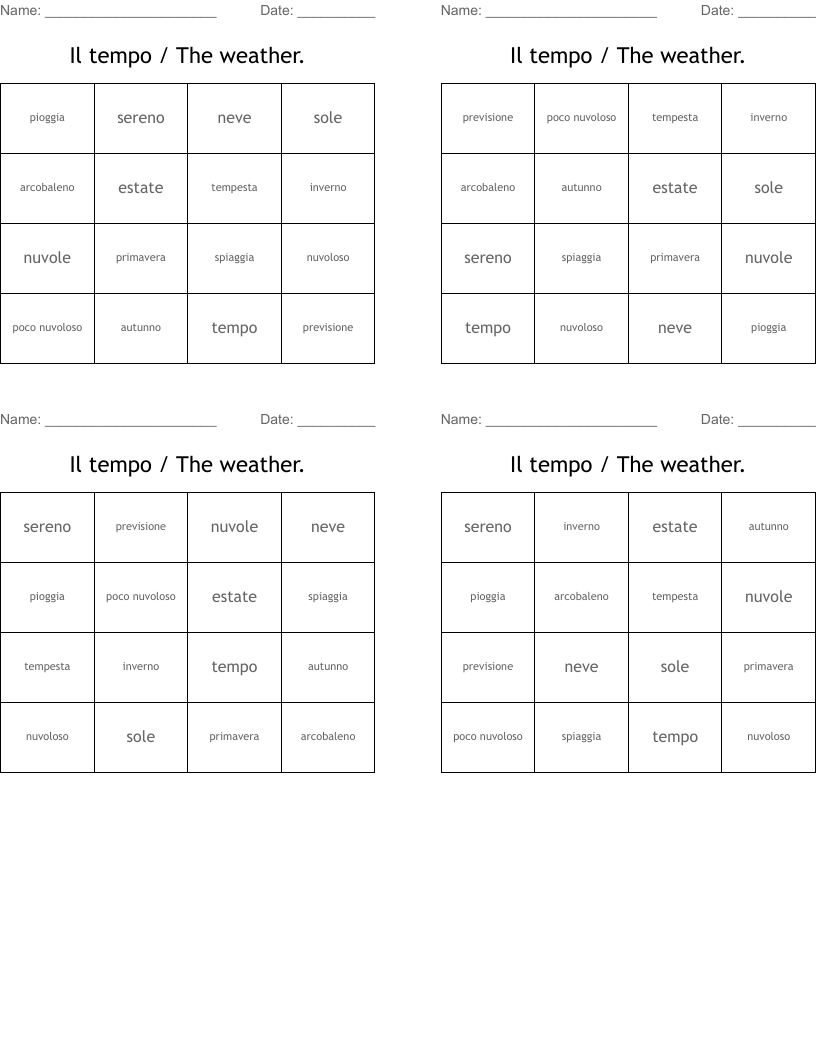 Il tempo / The weather. Bingo Cards