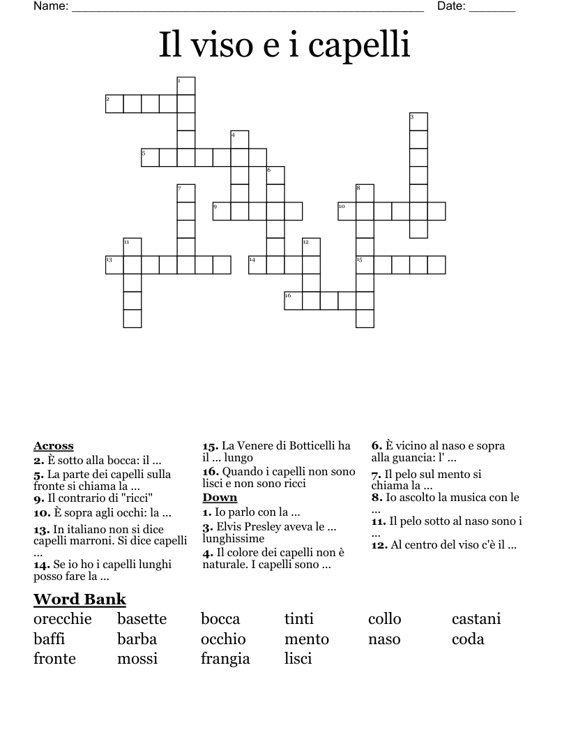 Il viso e i capelli Crossword