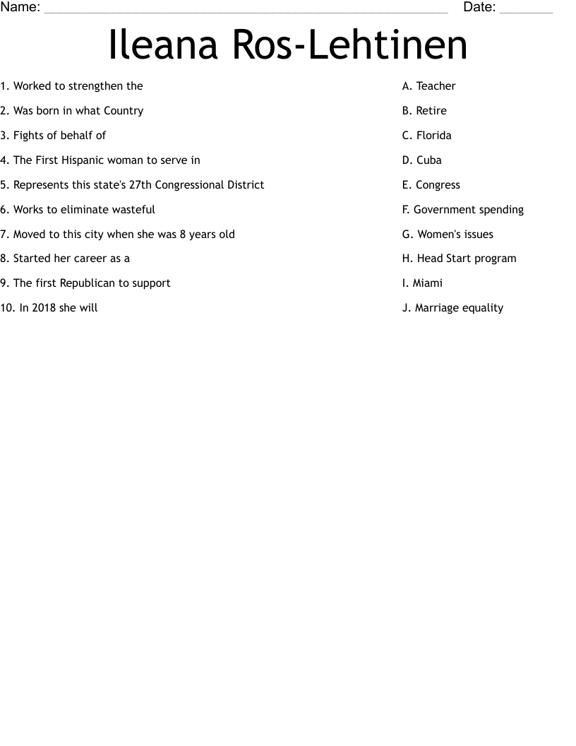 Ileana Ros-Lehtinen Worksheet