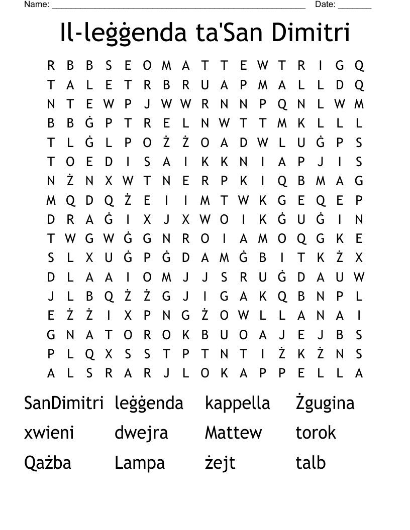 Il-leġġenda ta'San Dimitri Word Search