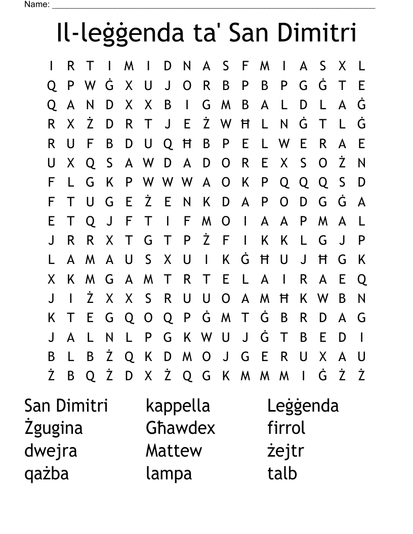 Il-leġġenda ta' San Dimitri Word Search
