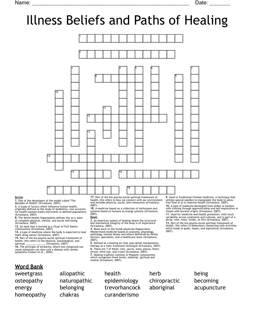 Illness Beliefs and Paths of Healing Crossword