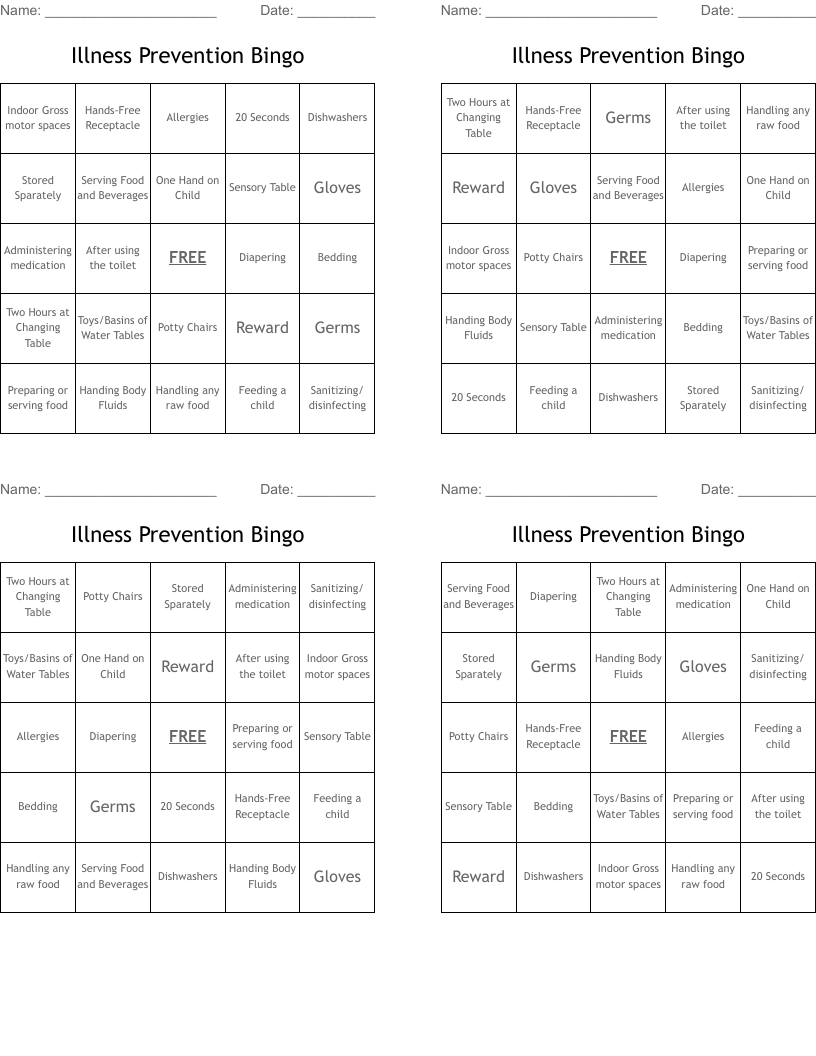 Illness Prevention Bingo