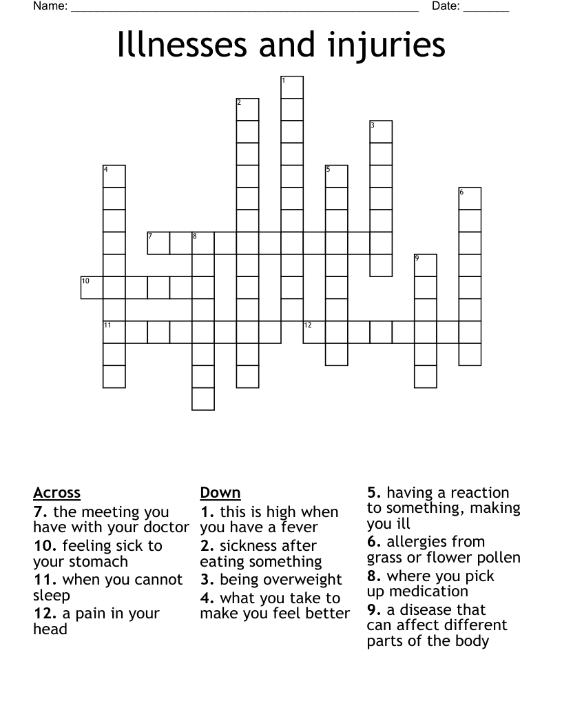 Illnesses and injuries Crossword