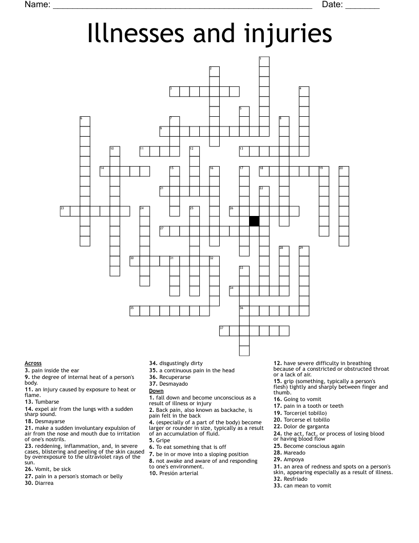 Illnesses and injuries Crossword