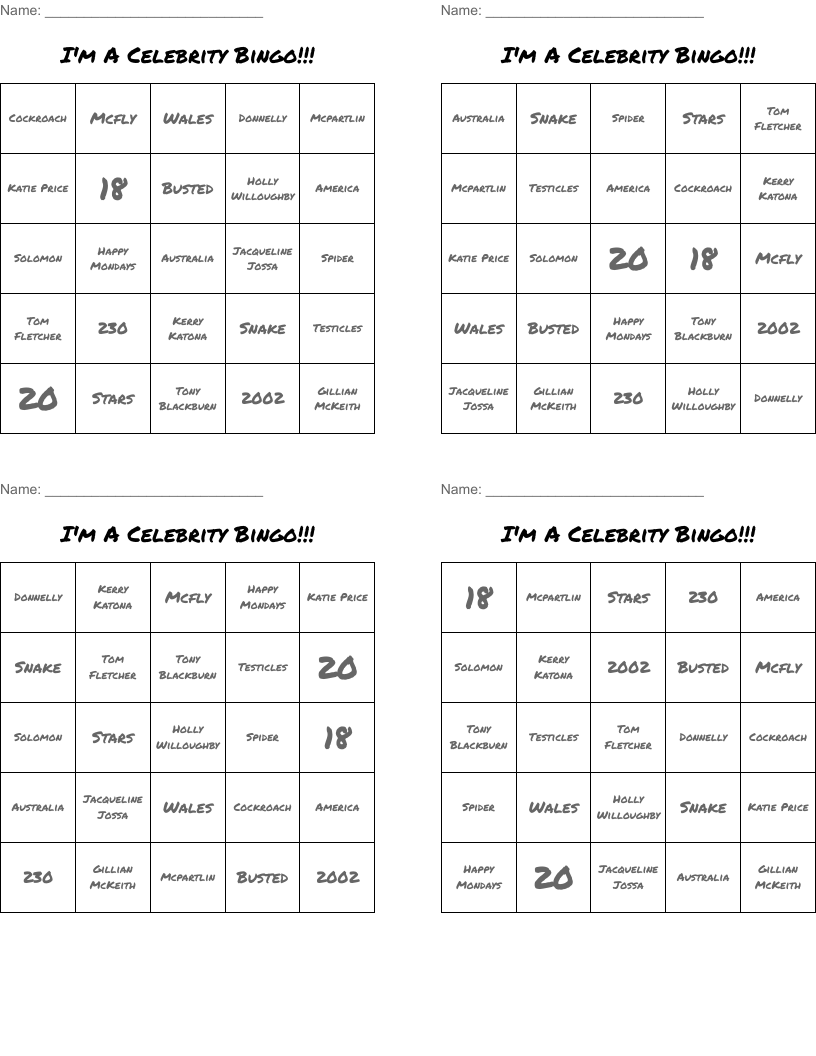 I'm A Celebrity Bingo!!!