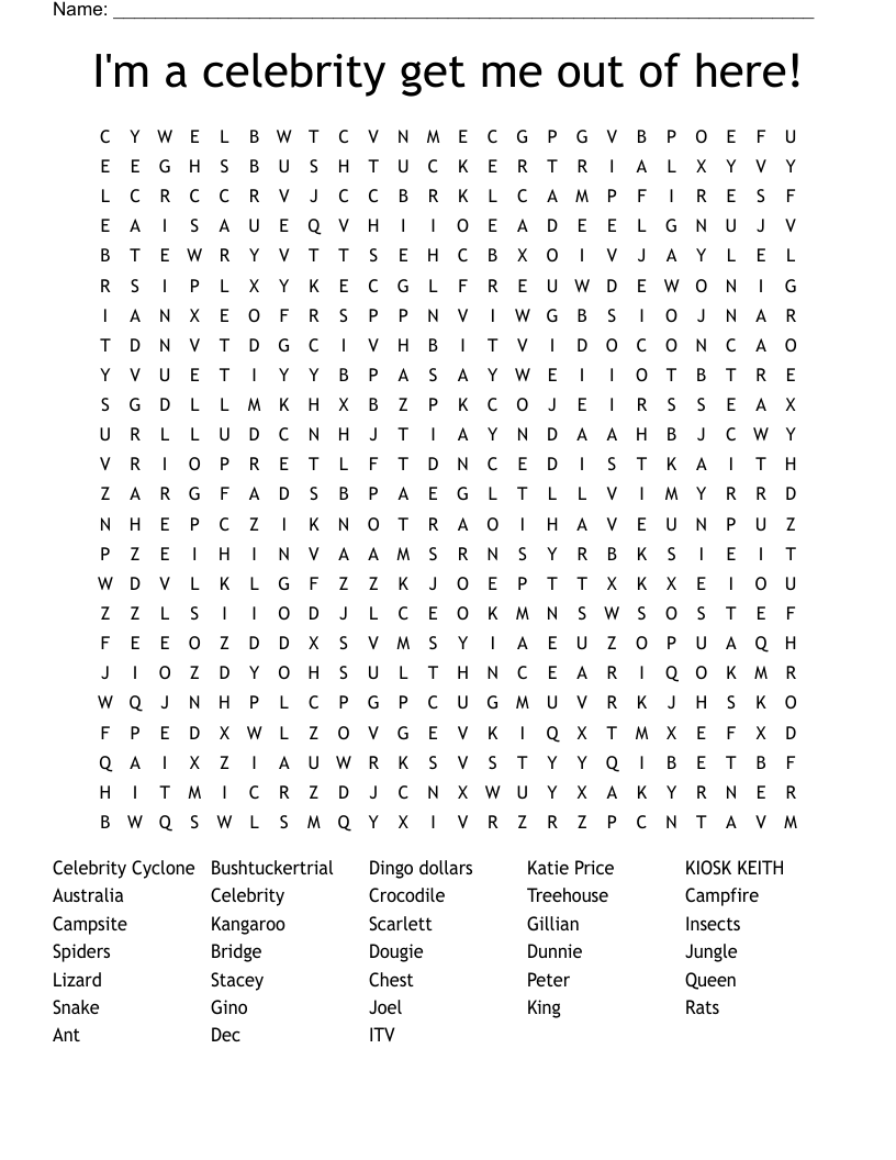 I'm a celebrity get me out of here! Word Search