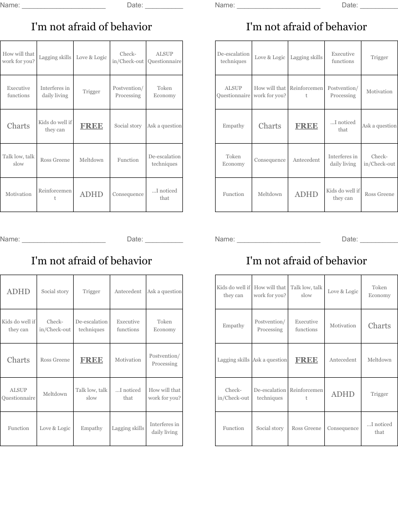 I'm not afraid of behavior Bingo Cards