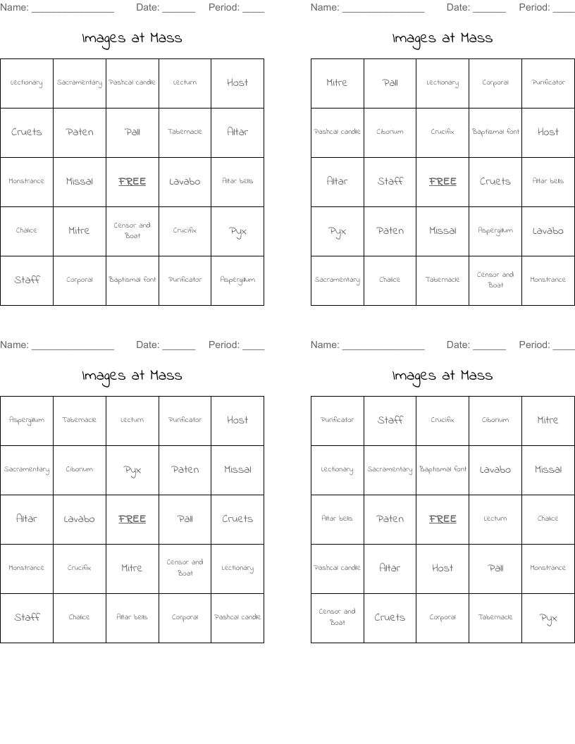 Images at Mass Bingo Cards