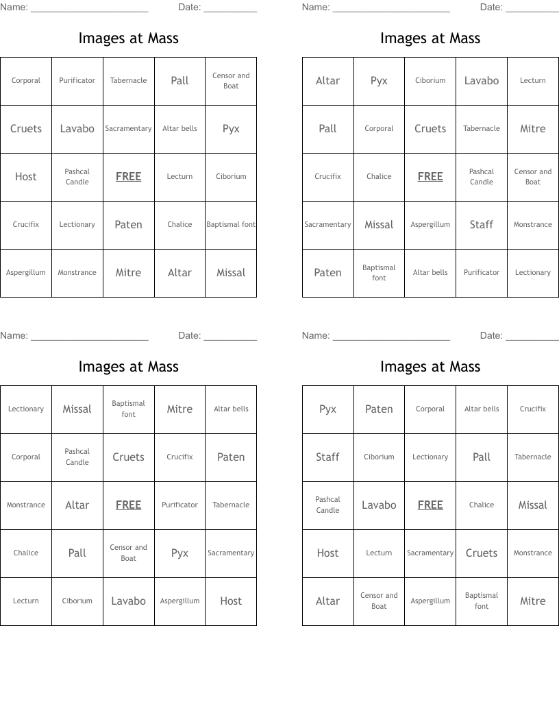 Images at Mass  Bingo Cards