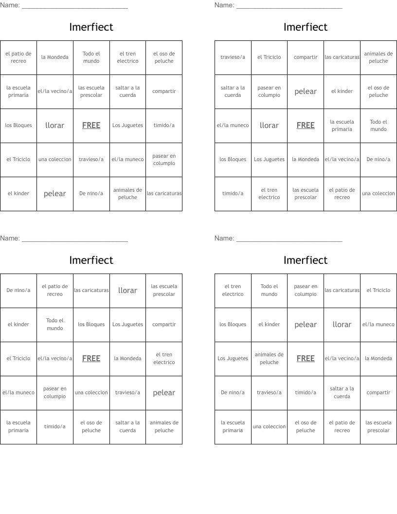 Imerfiect Bingo Cards
