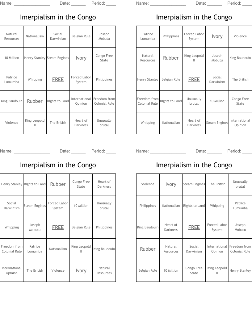 Imerpialism in the Congo Bingo Cards
